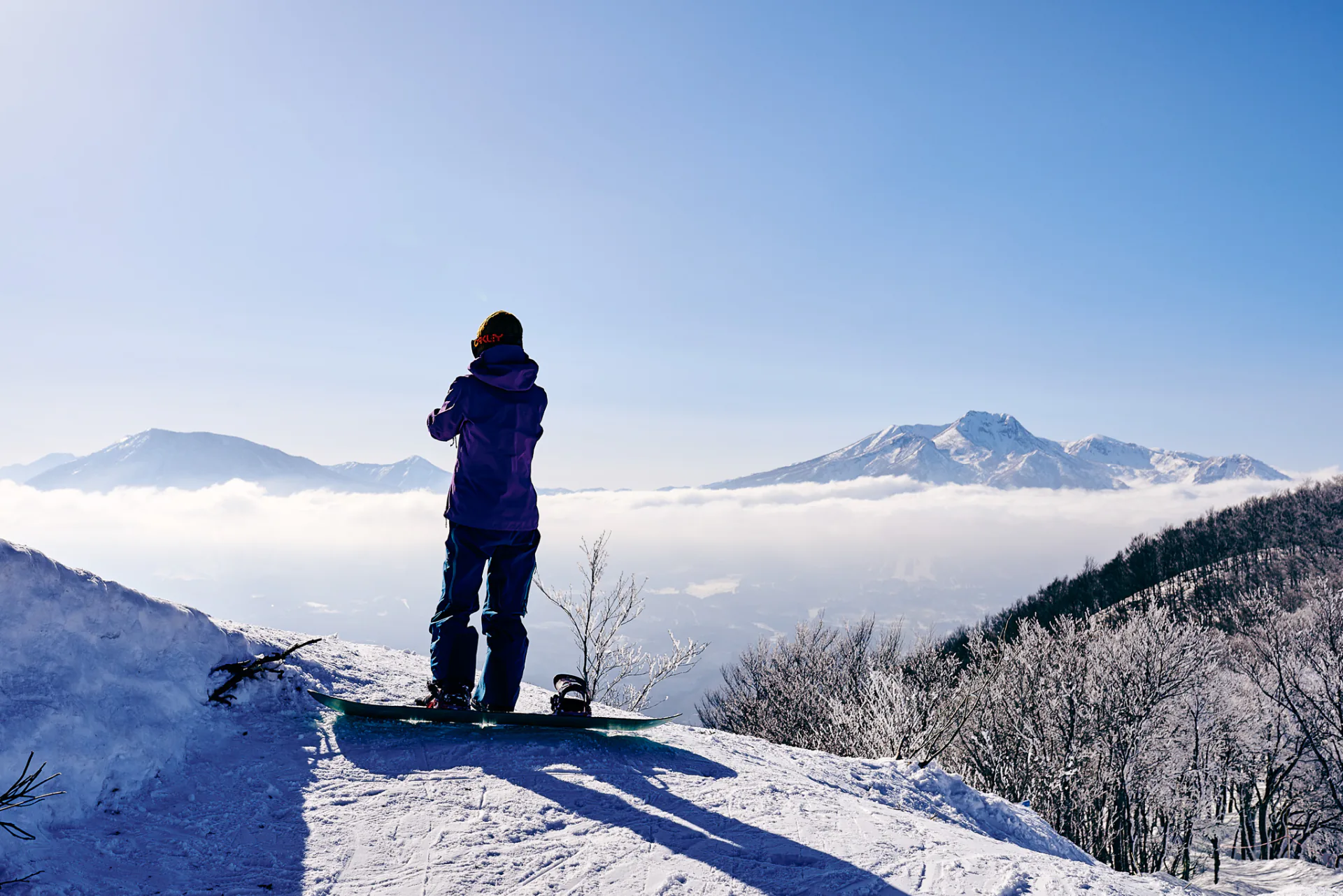 The summit viewpoint where Madarao's tree runs drop in, above a sea of cloud